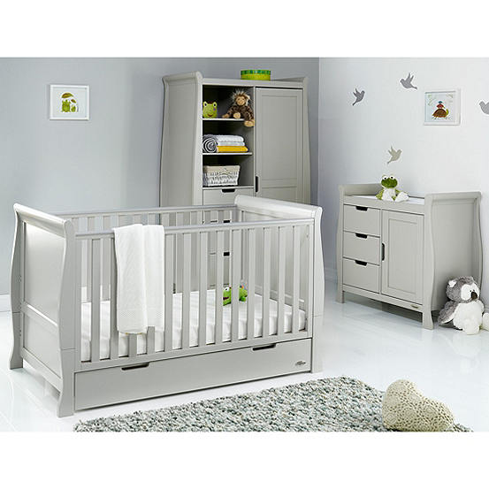 OBaby Stamford Grey Sleigh Cot Bed with Drawer, Changing Unit & Combi Wardrobe Room Set<BR>